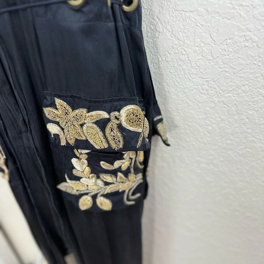 Ginebra Prive Irina Silk Jumpsuit SZ SM Black Bullion‎ Tiger Embroidery